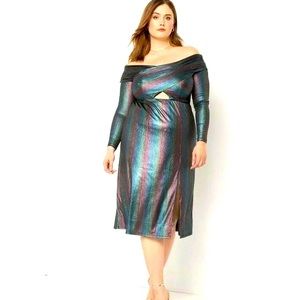 Eloquii Off Shoulder Iridescent Gunmetal Black MIDI Long Sleeve Dress